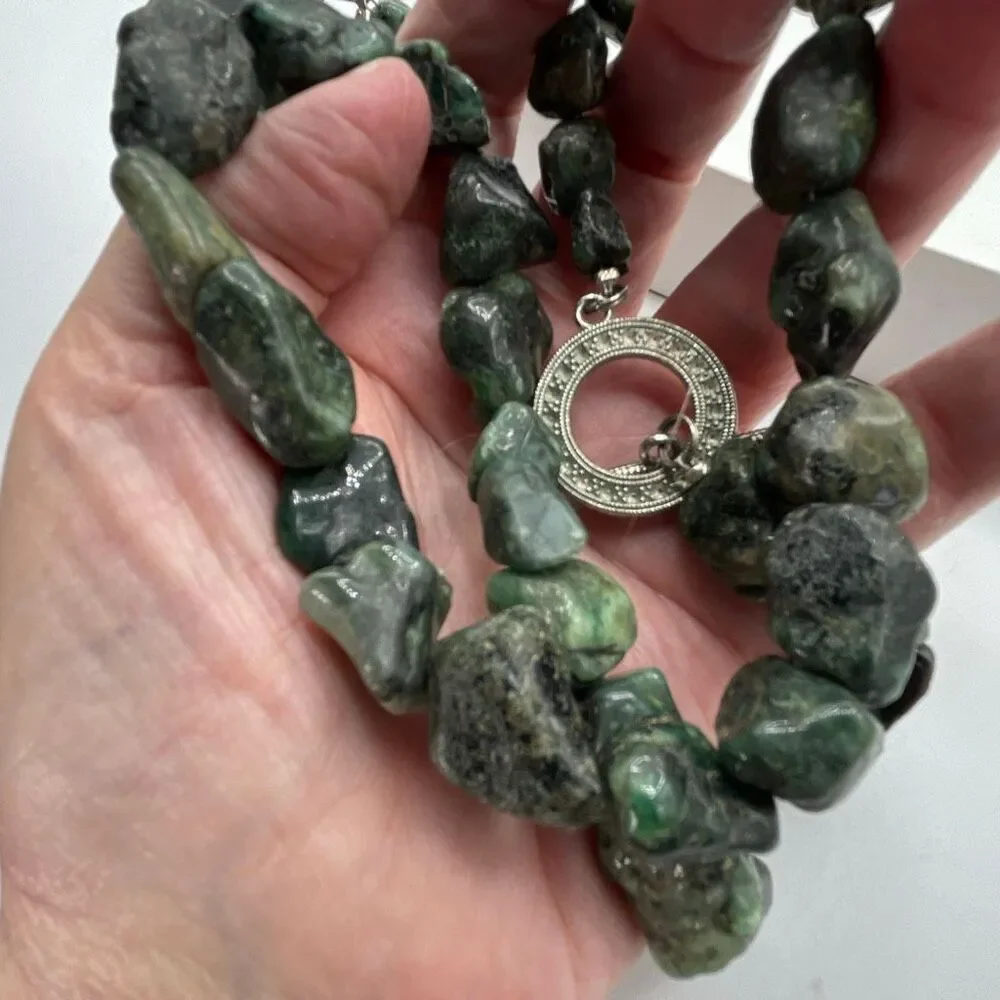 Vintage Natural boulder emerald beaded necklace & earrings